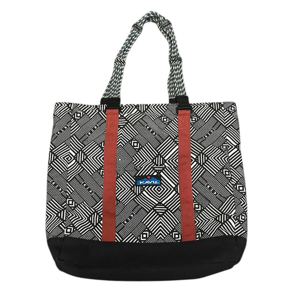 Kavu Black and White Geometric Tote with Red Straps